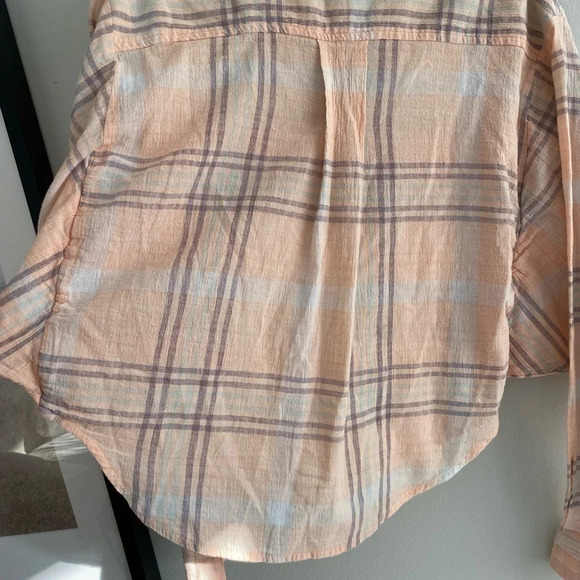 FREE  People Peach purple white Cropped Boxy Fit Wide Sleeve Flannel Shirt S - Picture 8 of 11